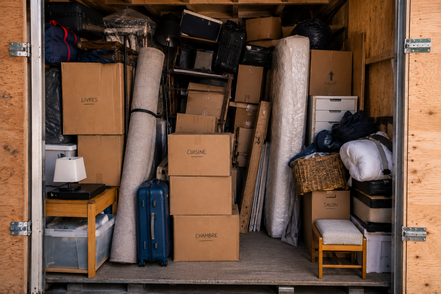 Box Mobigarde rempli de meubles et cartons pendant un déménagement