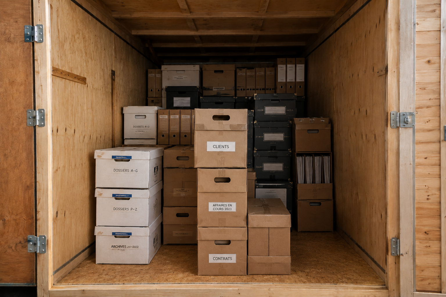 Boîtes d'archives de dossiers classées dans un box sécurisé