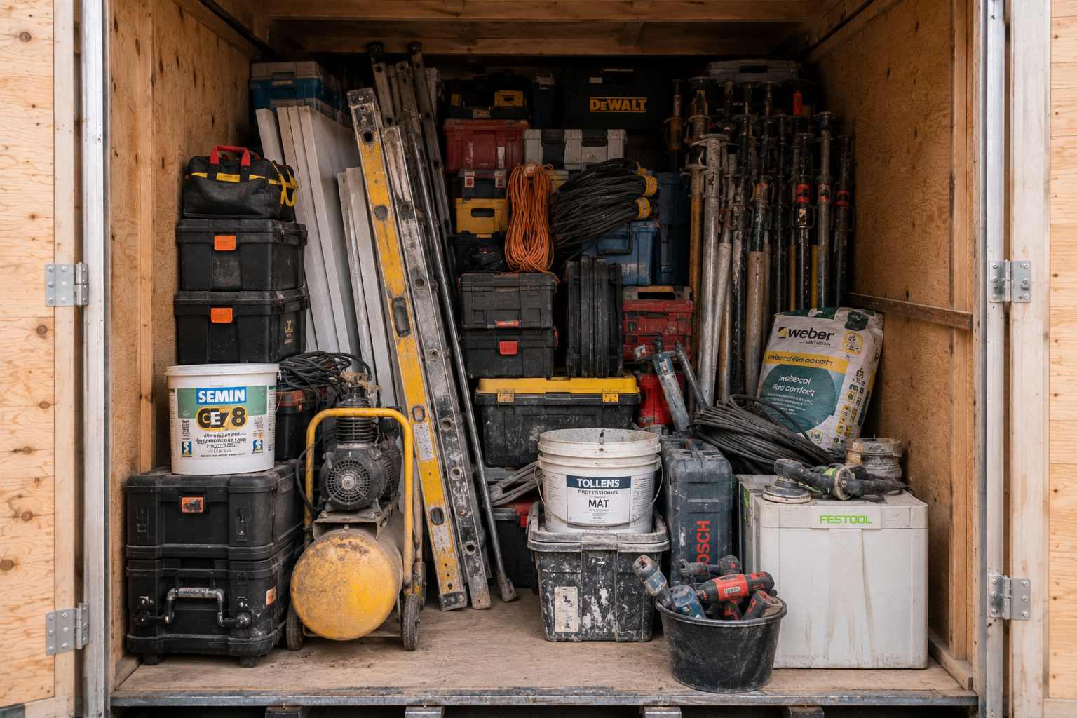 Outillage et matériel d'artisan du bâtiment rangés dans un box